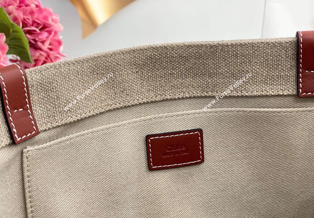 Chloe Large Woody Tote Bag in Linen Canvas and Calfskin Leather Brown 2025 1120 (DLA-251120071)