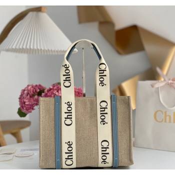 Chloe Medium Woody Tote Bag in Linen Canvas and Calfskin Leather Denim Blue 2025 1120 (DLA-251120072)