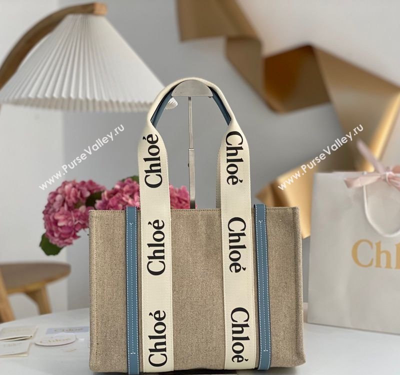 Chloe Medium Woody Tote Bag in Linen Canvas and Calfskin Leather Denim Blue 2025 1120 (DLA-251120072)