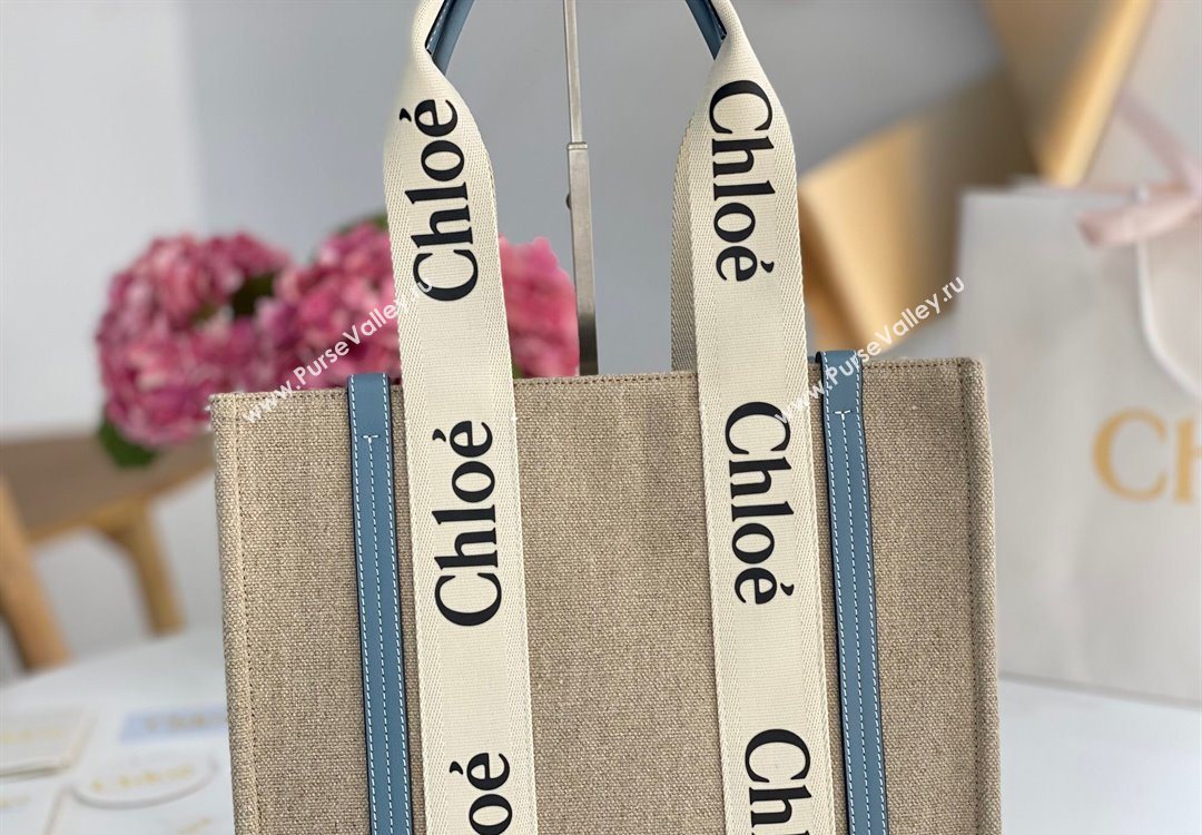 Chloe Medium Woody Tote Bag in Linen Canvas and Calfskin Leather Denim Blue 2025 1120 (DLA-251120072)