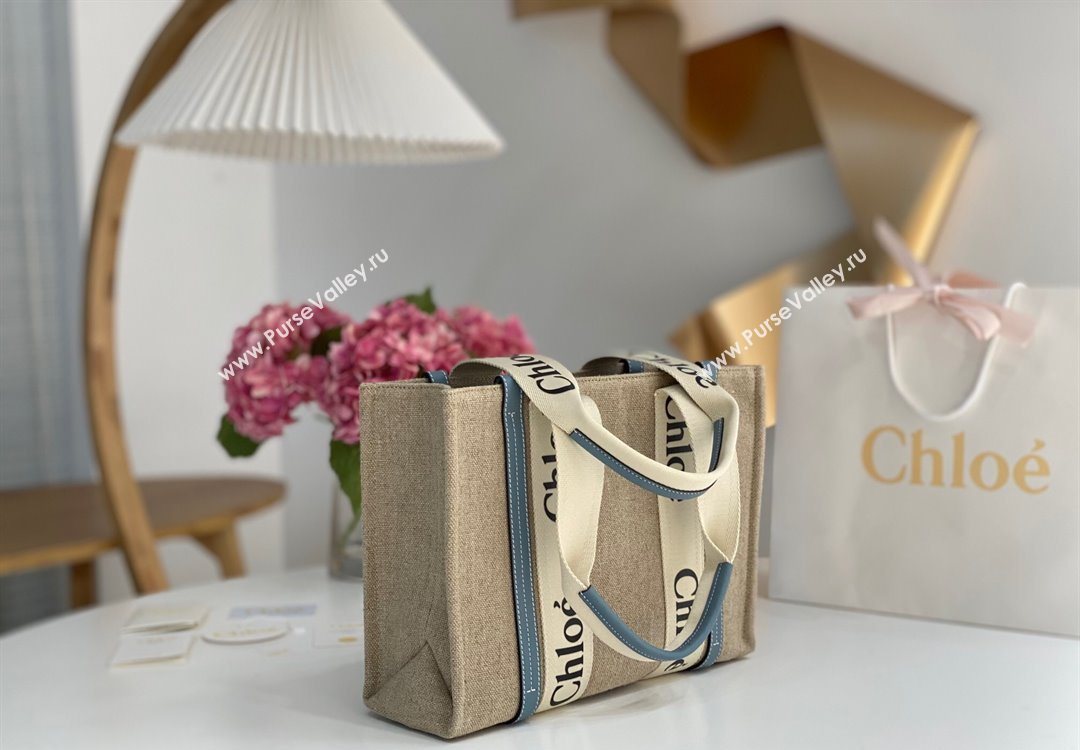 Chloe Medium Woody Tote Bag in Linen Canvas and Calfskin Leather Denim Blue 2025 1120 (DLA-251120072)