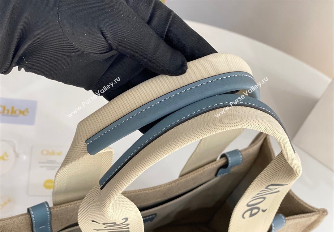 Chloe Medium Woody Tote Bag in Linen Canvas and Calfskin Leather Denim Blue 2025 1120 (DLA-251120072)