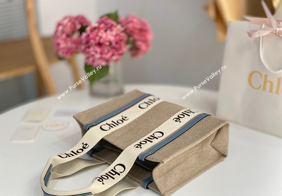 Chloe Medium Woody Tote Bag in Linen Canvas and Calfskin Leather Denim Blue 2025 1120 (DLA-251120072)