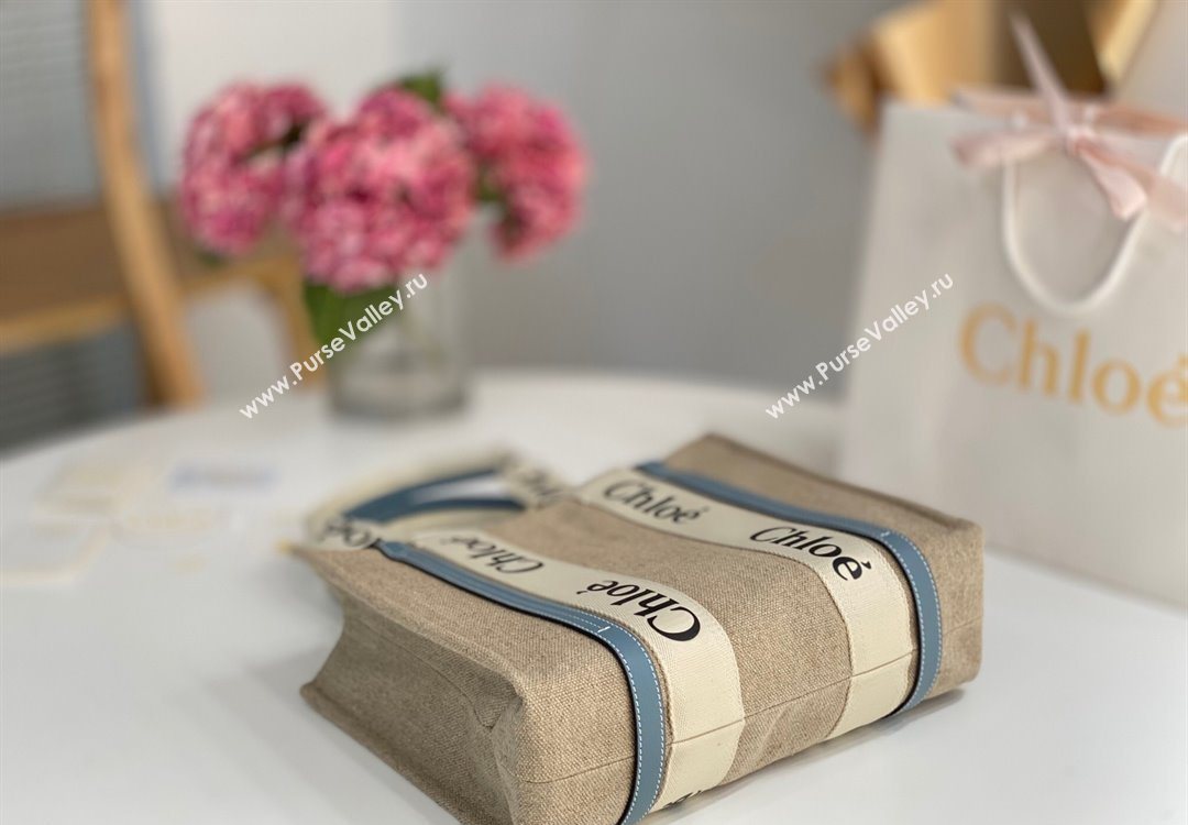 Chloe Medium Woody Tote Bag in Linen Canvas and Calfskin Leather Denim Blue 2025 1120 (DLA-251120072)