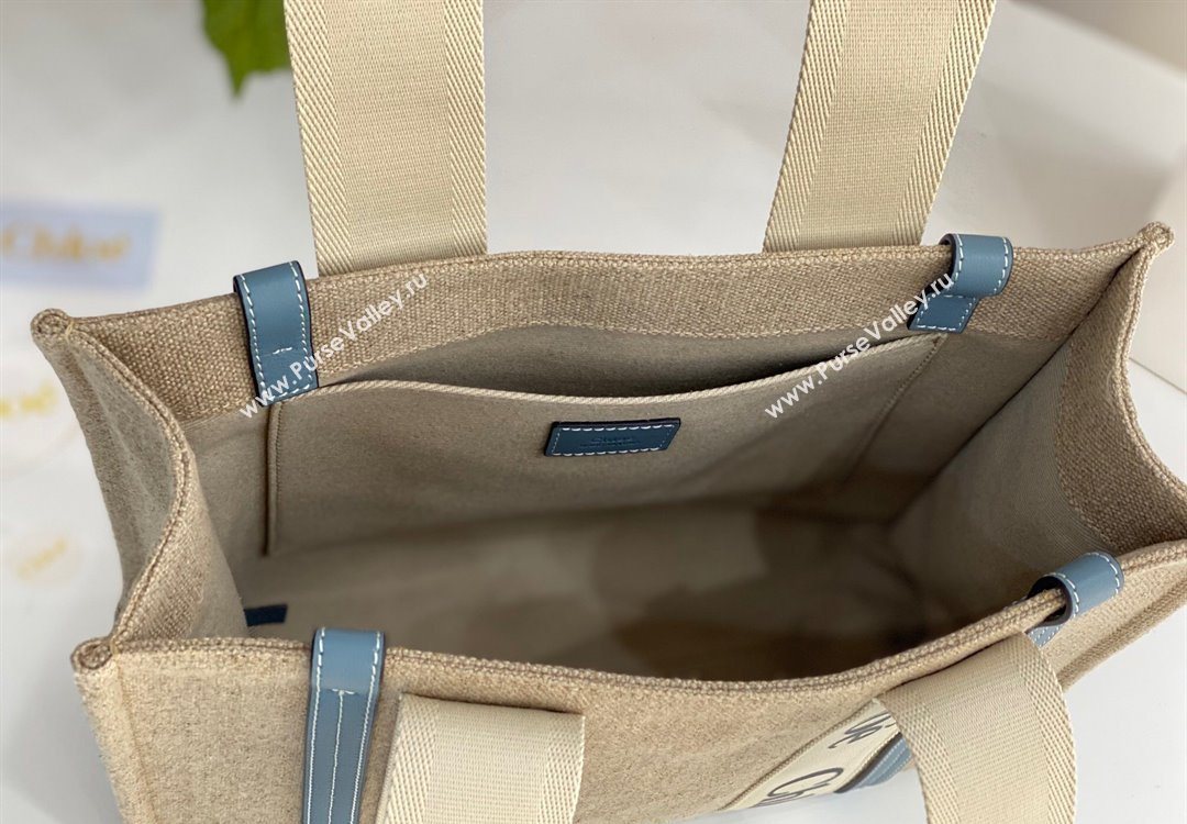 Chloe Medium Woody Tote Bag in Linen Canvas and Calfskin Leather Denim Blue 2025 1120 (DLA-251120072)