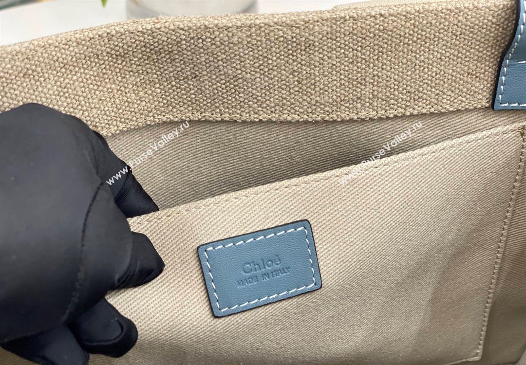 Chloe Medium Woody Tote Bag in Linen Canvas and Calfskin Leather Denim Blue 2025 1120 (DLA-251120072)