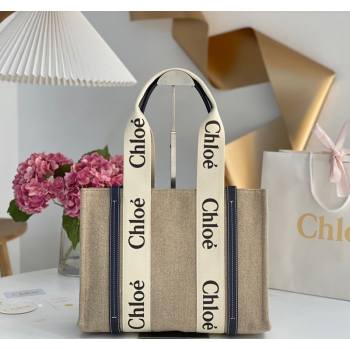 Chloe Medium Woody Tote Bag in Linen Canvas and Calfskin Leather Dark Blue 2025 1120 (DLA-251120073)