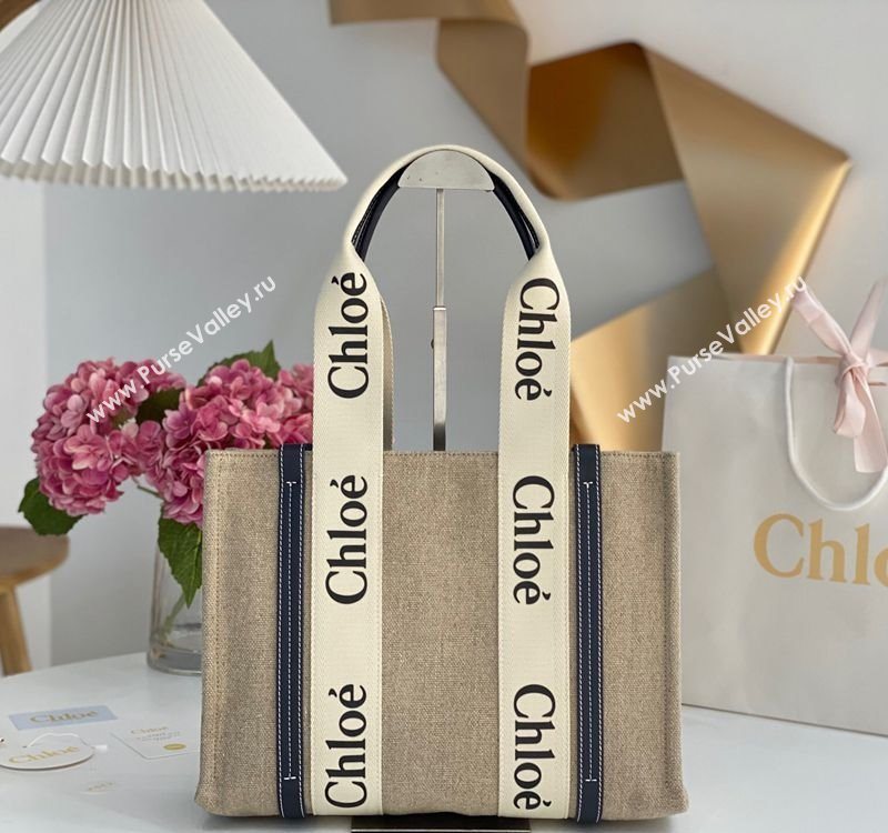 Chloe Medium Woody Tote Bag in Linen Canvas and Calfskin Leather Dark Blue 2025 1120 (DLA-251120073)