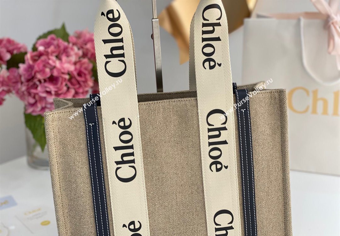 Chloe Medium Woody Tote Bag in Linen Canvas and Calfskin Leather Dark Blue 2025 1120 (DLA-251120073)
