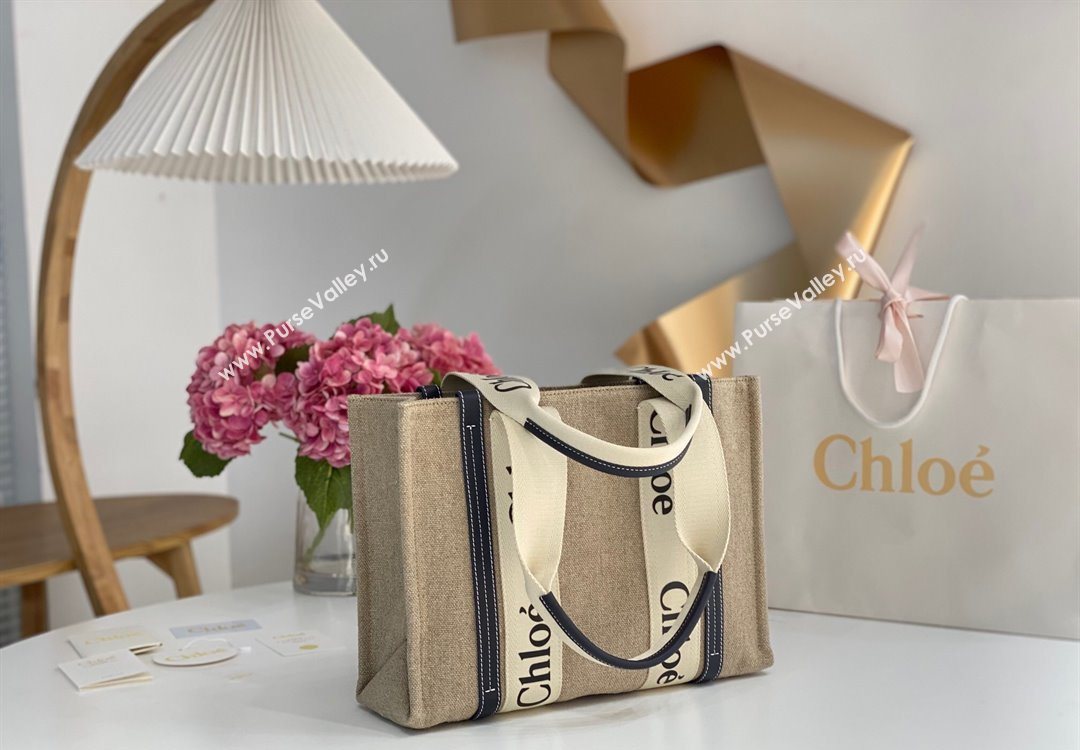 Chloe Medium Woody Tote Bag in Linen Canvas and Calfskin Leather Dark Blue 2025 1120 (DLA-251120073)