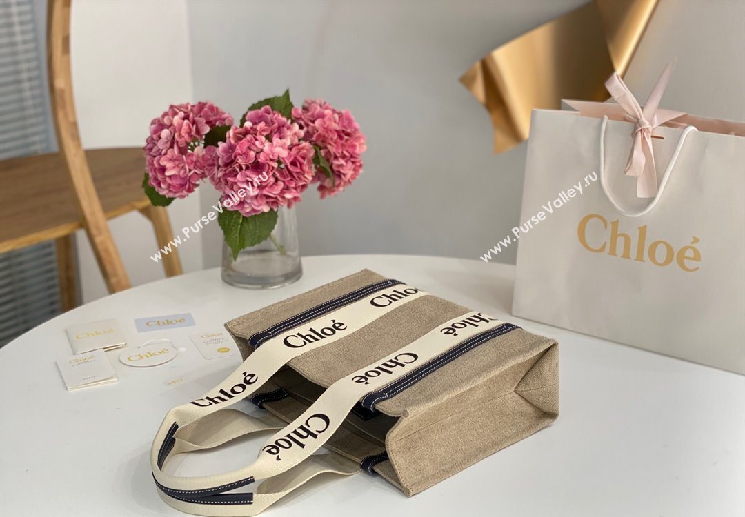 Chloe Medium Woody Tote Bag in Linen Canvas and Calfskin Leather Dark Blue 2025 1120 (DLA-251120073)