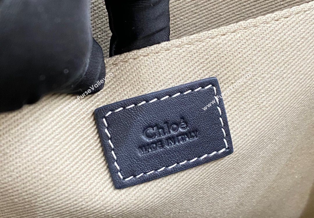 Chloe Medium Woody Tote Bag in Linen Canvas and Calfskin Leather Dark Blue 2025 1120 (DLA-251120073)