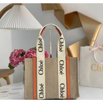 Chloe Medium Woody Tote Bag in Linen Canvas and Calfskin Leather Orange 2025 1120 (DLA-251120074)