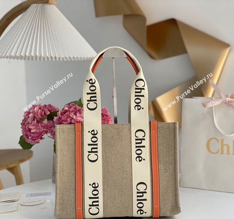 Chloe Medium Woody Tote Bag in Linen Canvas and Calfskin Leather Orange 2025 1120 (DLA-251120074)