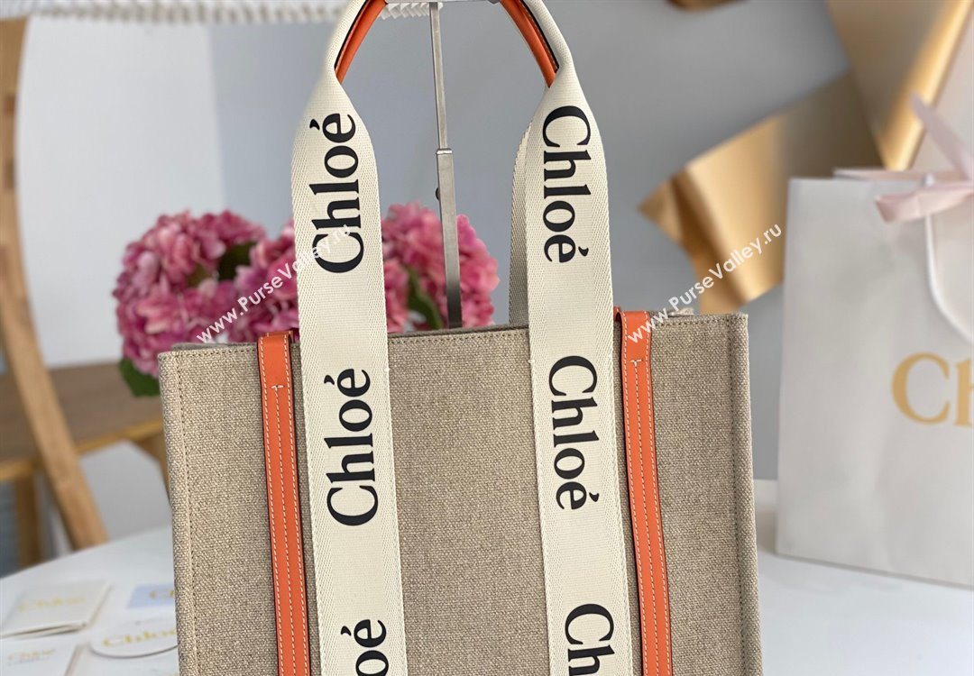 Chloe Medium Woody Tote Bag in Linen Canvas and Calfskin Leather Orange 2025 1120 (DLA-251120074)