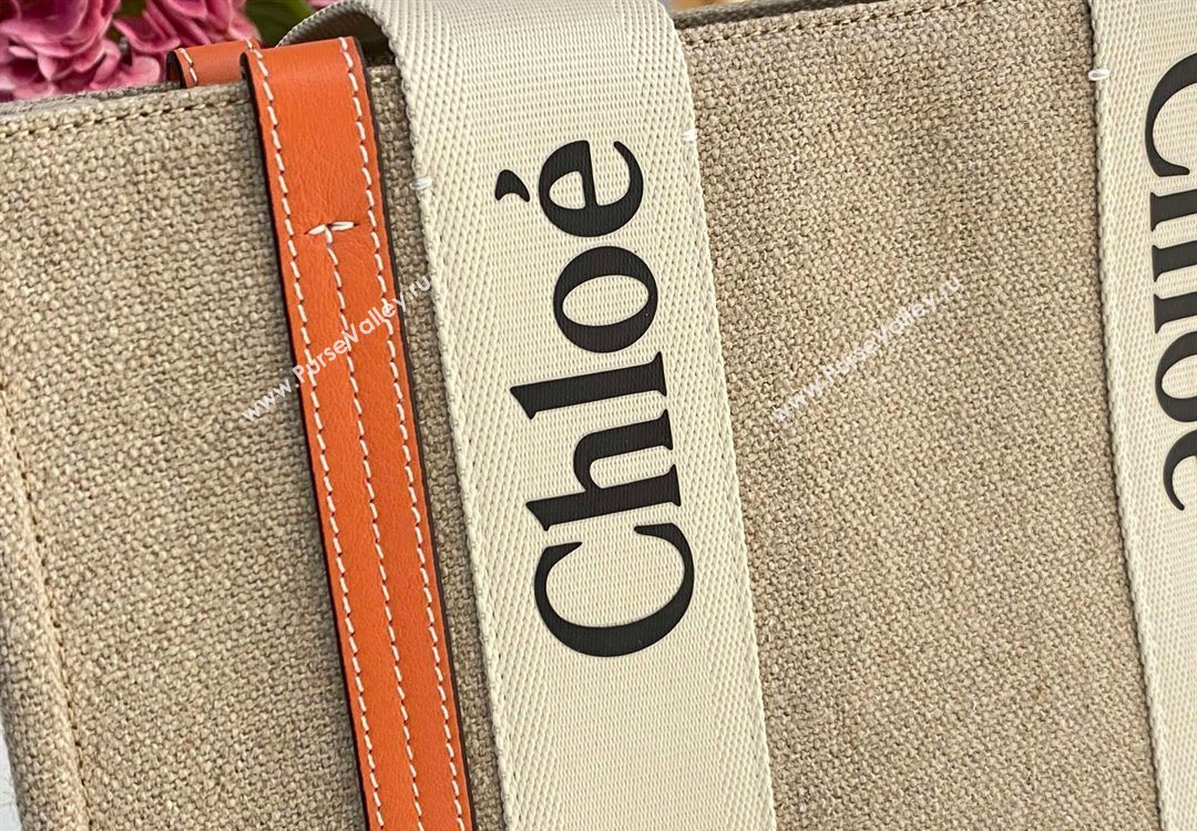 Chloe Medium Woody Tote Bag in Linen Canvas and Calfskin Leather Orange 2025 1120 (DLA-251120074)