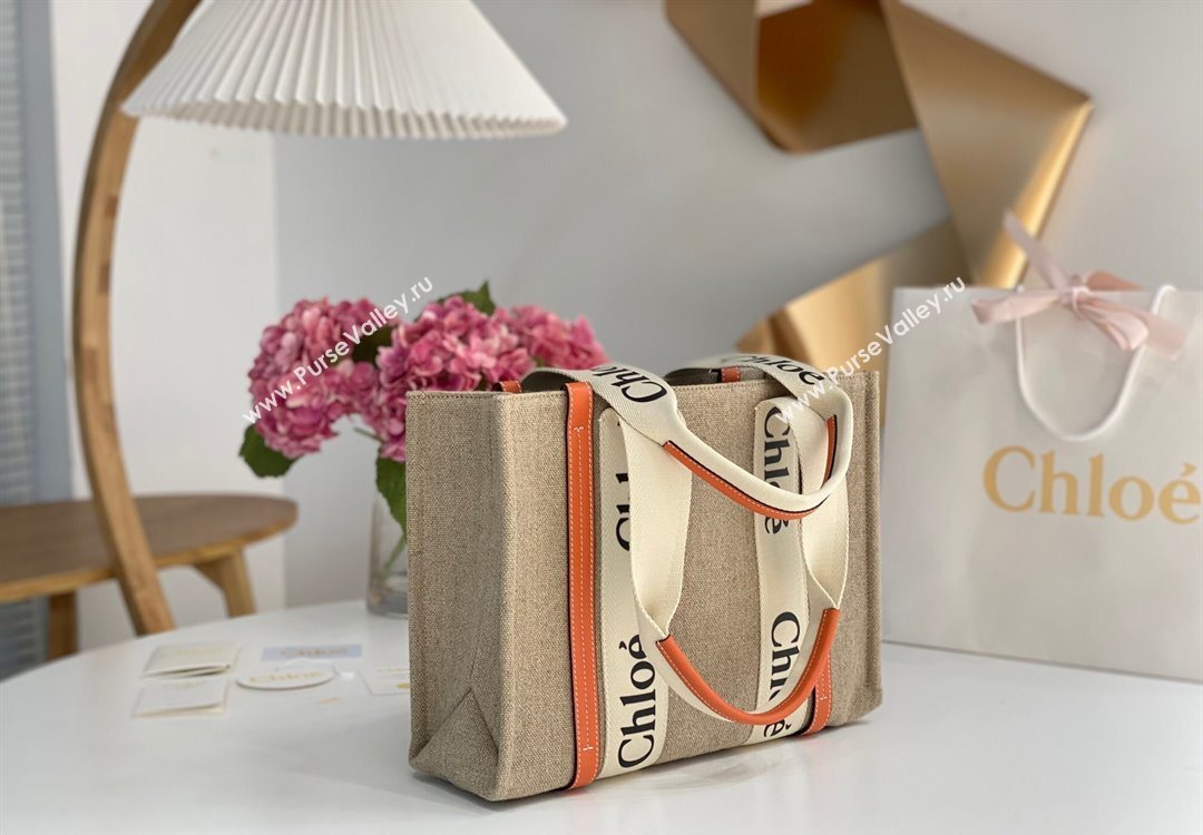 Chloe Medium Woody Tote Bag in Linen Canvas and Calfskin Leather Orange 2025 1120 (DLA-251120074)