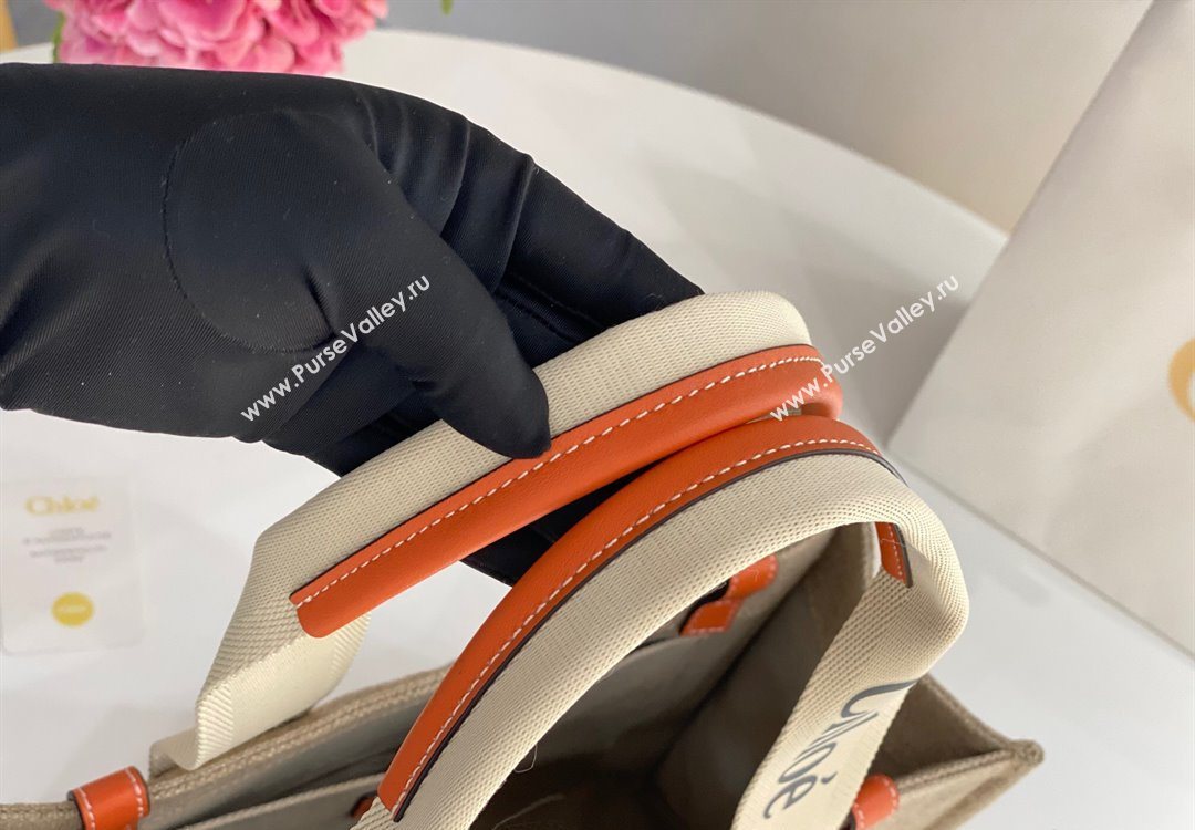 Chloe Medium Woody Tote Bag in Linen Canvas and Calfskin Leather Orange 2025 1120 (DLA-251120074)