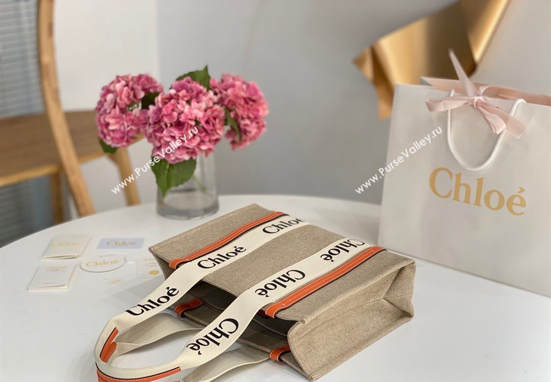 Chloe Medium Woody Tote Bag in Linen Canvas and Calfskin Leather Orange 2025 1120 (DLA-251120074)