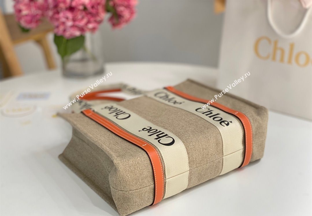 Chloe Medium Woody Tote Bag in Linen Canvas and Calfskin Leather Orange 2025 1120 (DLA-251120074)