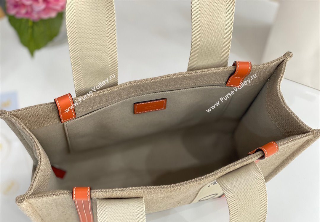 Chloe Medium Woody Tote Bag in Linen Canvas and Calfskin Leather Orange 2025 1120 (DLA-251120074)