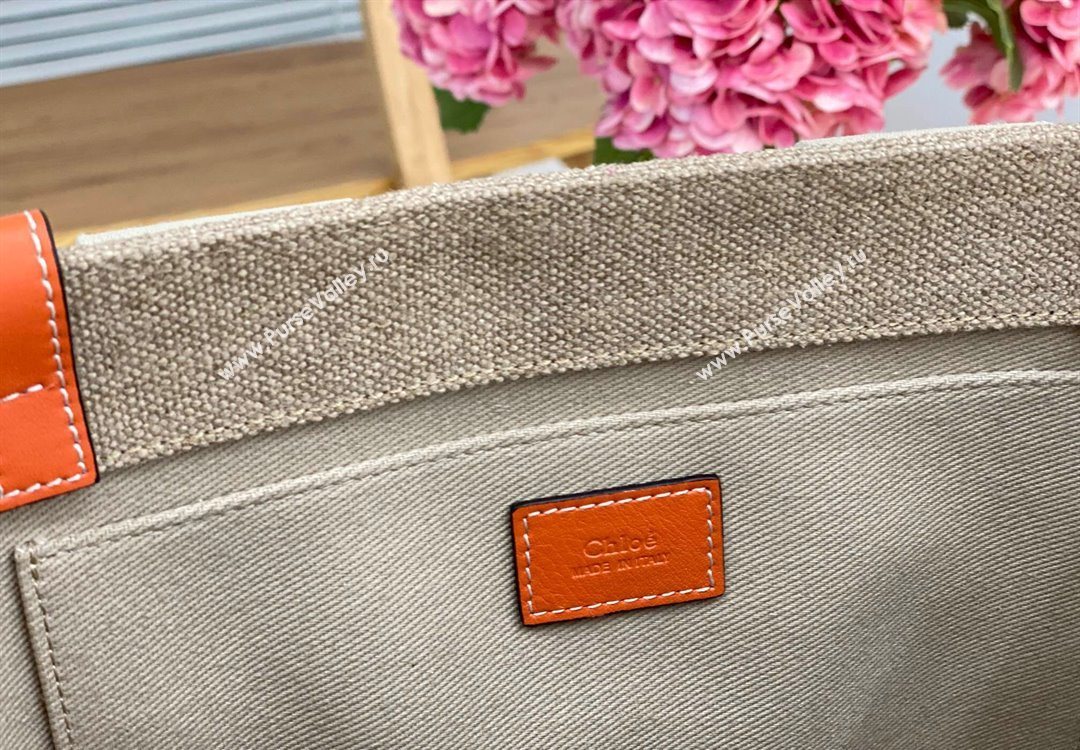 Chloe Medium Woody Tote Bag in Linen Canvas and Calfskin Leather Orange 2025 1120 (DLA-251120074)