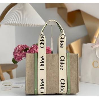 Chloe Medium Woody Tote Bag in Linen Canvas and Calfskin Leather Light Green 2025 1120 (DLA-251120075)