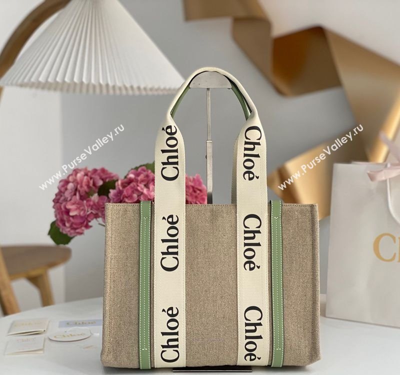Chloe Medium Woody Tote Bag in Linen Canvas and Calfskin Leather Light Green 2025 1120 (DLA-251120075)