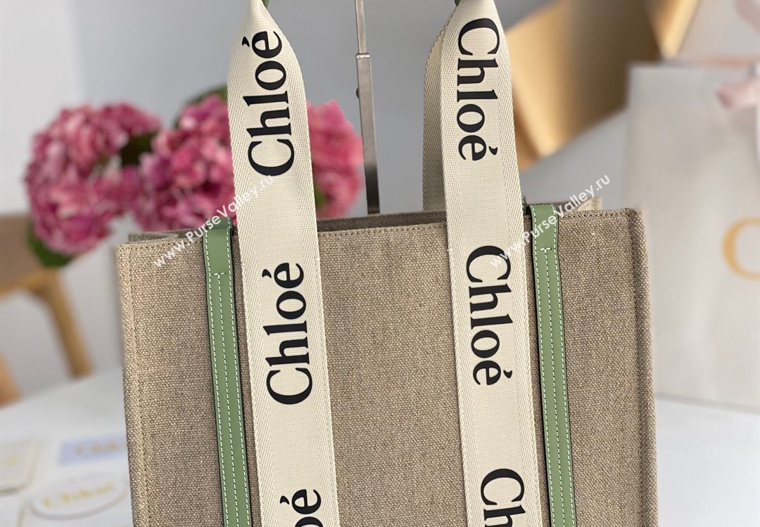 Chloe Medium Woody Tote Bag in Linen Canvas and Calfskin Leather Light Green 2025 1120 (DLA-251120075)