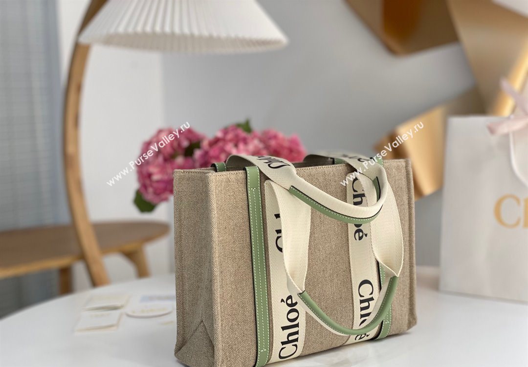Chloe Medium Woody Tote Bag in Linen Canvas and Calfskin Leather Light Green 2025 1120 (DLA-251120075)
