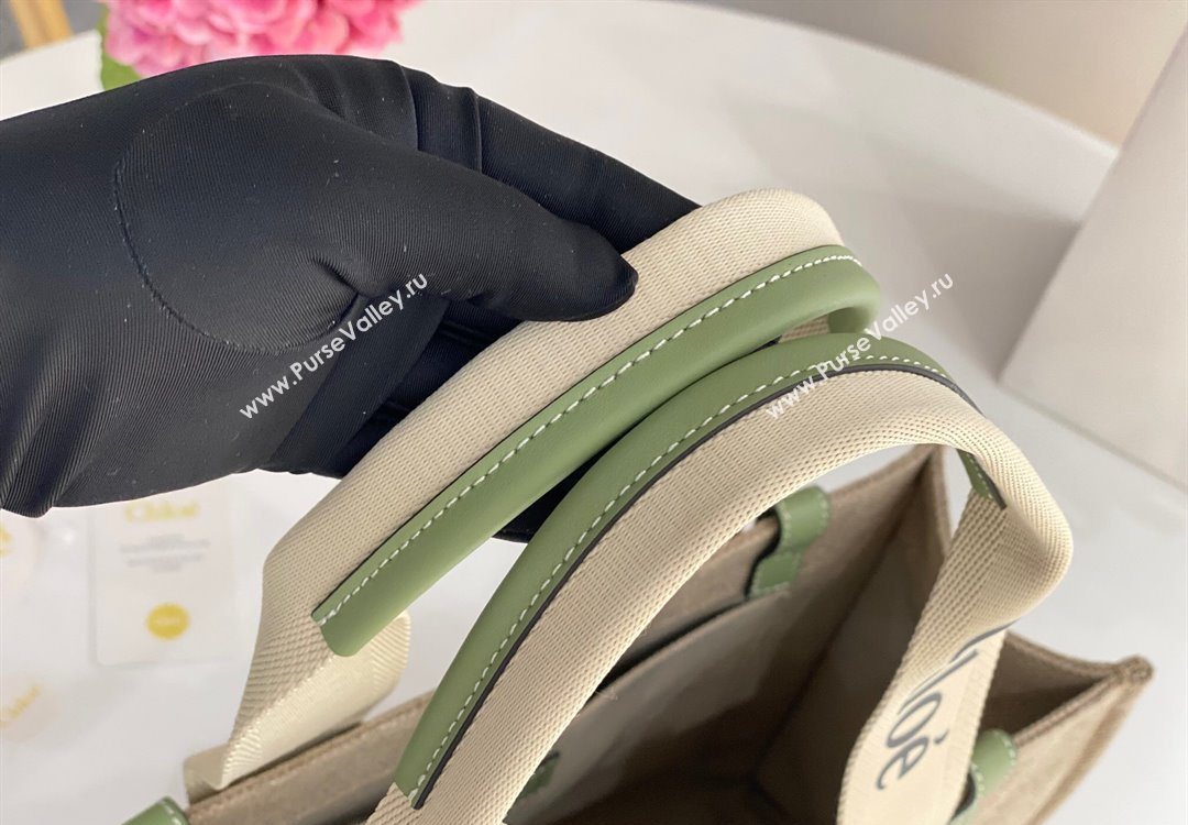 Chloe Medium Woody Tote Bag in Linen Canvas and Calfskin Leather Light Green 2025 1120 (DLA-251120075)