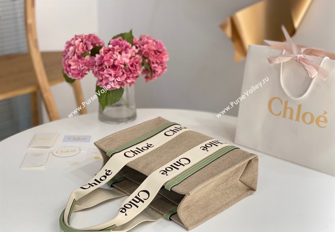 Chloe Medium Woody Tote Bag in Linen Canvas and Calfskin Leather Light Green 2025 1120 (DLA-251120075)