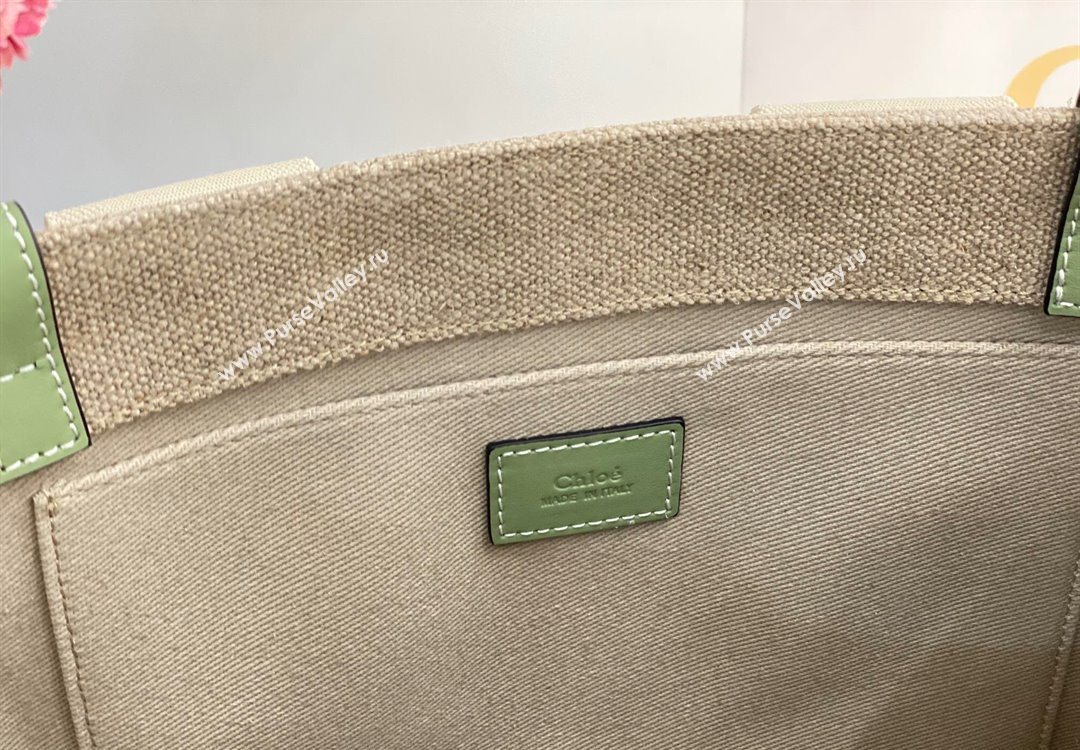 Chloe Medium Woody Tote Bag in Linen Canvas and Calfskin Leather Light Green 2025 1120 (DLA-251120075)