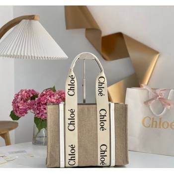 Chloe Medium Woody Tote Bag in Linen Canvas and Calfskin Leather White 2025 1120 (DLA-251120076)