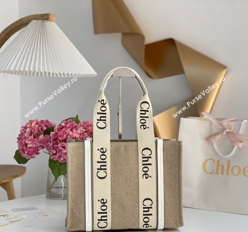 Chloe Medium Woody Tote Bag in Linen Canvas and Calfskin Leather White 2025 1120 (DLA-251120076)