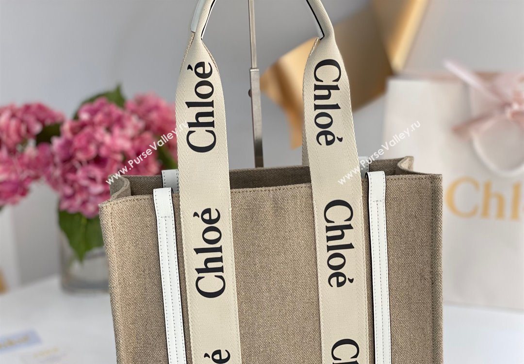 Chloe Medium Woody Tote Bag in Linen Canvas and Calfskin Leather White 2025 1120 (DLA-251120076)
