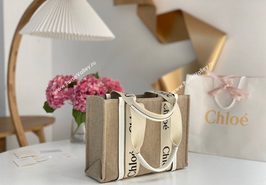 Chloe Medium Woody Tote Bag in Linen Canvas and Calfskin Leather White 2025 1120 (DLA-251120076)