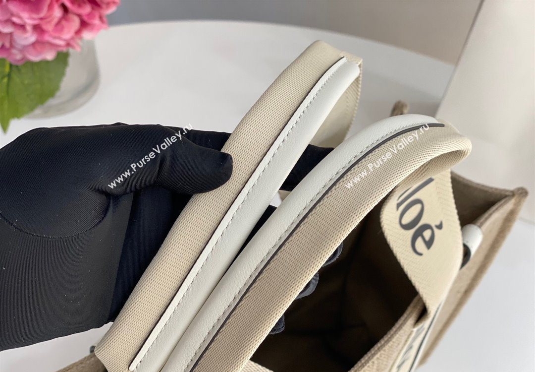 Chloe Medium Woody Tote Bag in Linen Canvas and Calfskin Leather White 2025 1120 (DLA-251120076)