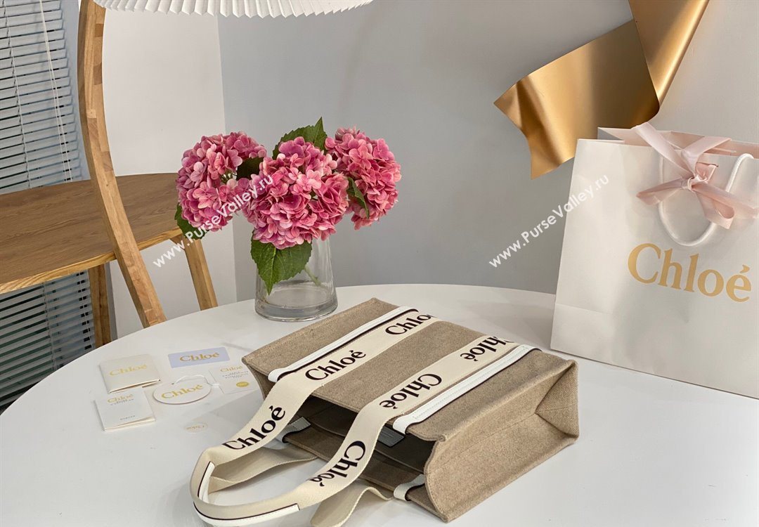 Chloe Medium Woody Tote Bag in Linen Canvas and Calfskin Leather White 2025 1120 (DLA-251120076)