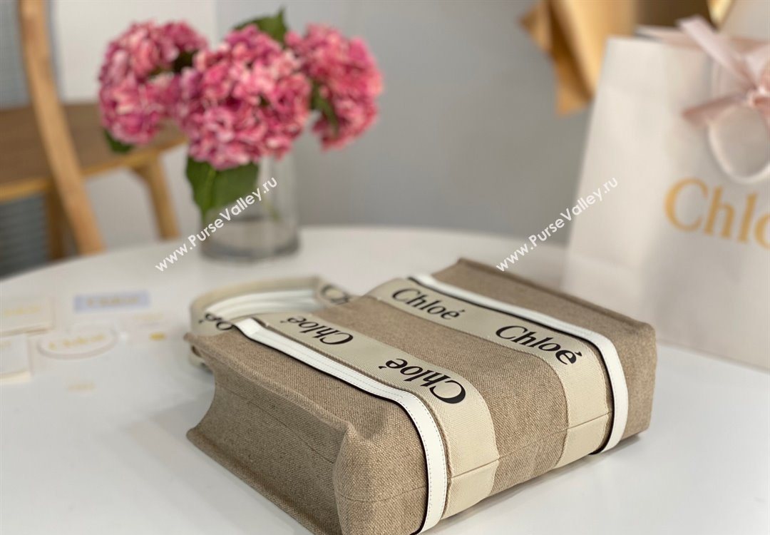 Chloe Medium Woody Tote Bag in Linen Canvas and Calfskin Leather White 2025 1120 (DLA-251120076)