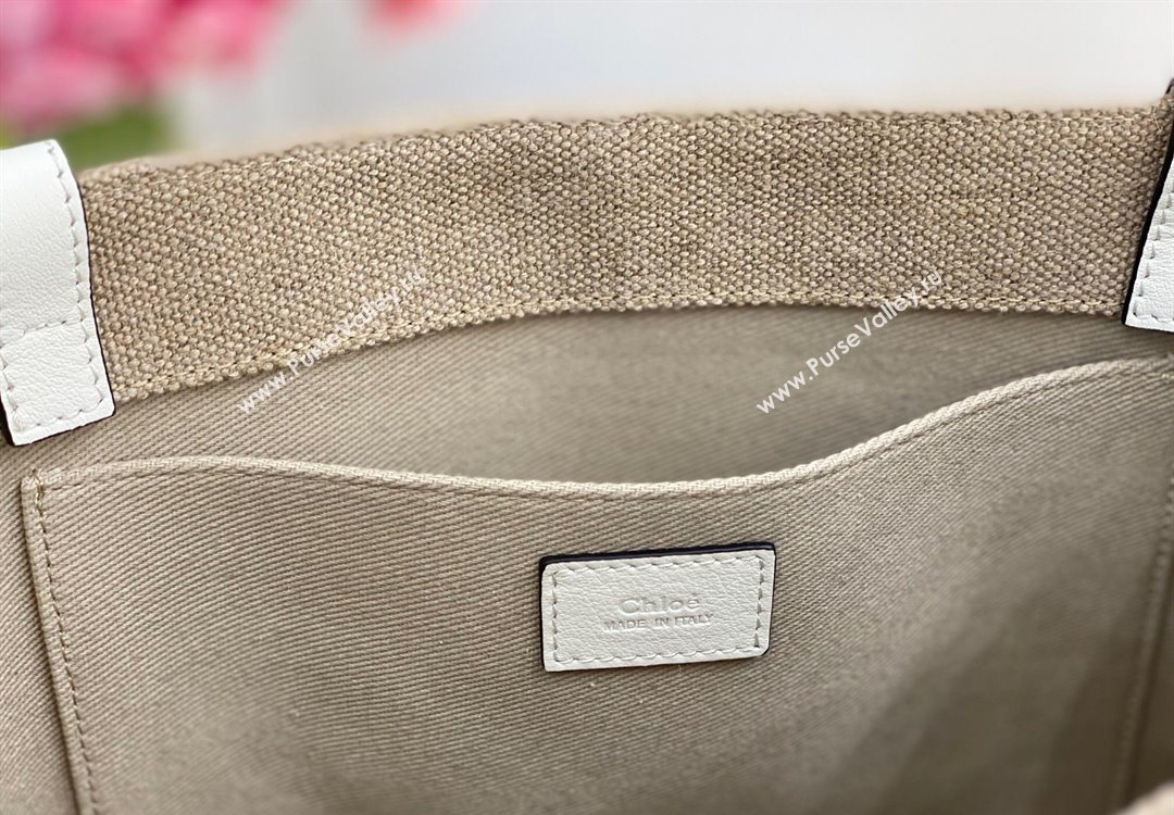 Chloe Medium Woody Tote Bag in Linen Canvas and Calfskin Leather White 2025 1120 (DLA-251120076)