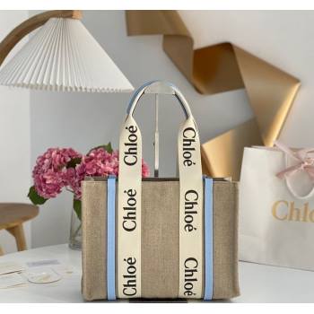 Chloe Medium Woody Tote Bag in Linen Canvas and Calfskin Leather Light Blue 2025 1120 (DLA-251120077)