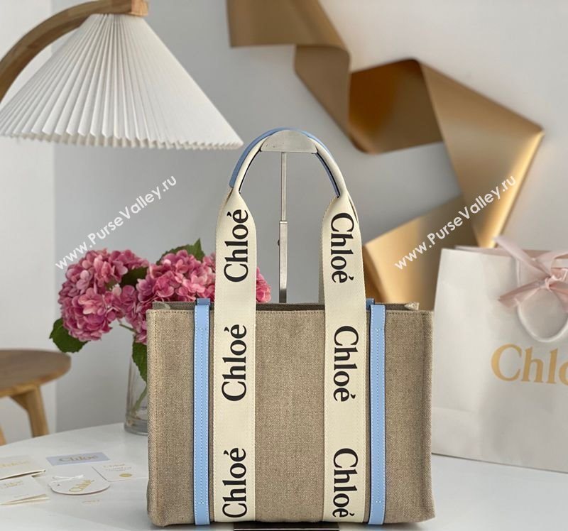 Chloe Medium Woody Tote Bag in Linen Canvas and Calfskin Leather Light Blue 2025 1120 (DLA-251120077)