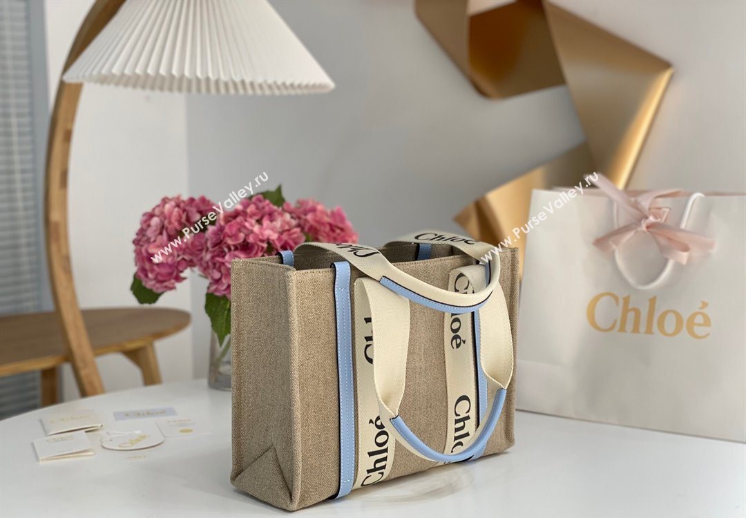 Chloe Medium Woody Tote Bag in Linen Canvas and Calfskin Leather Light Blue 2025 1120 (DLA-251120077)