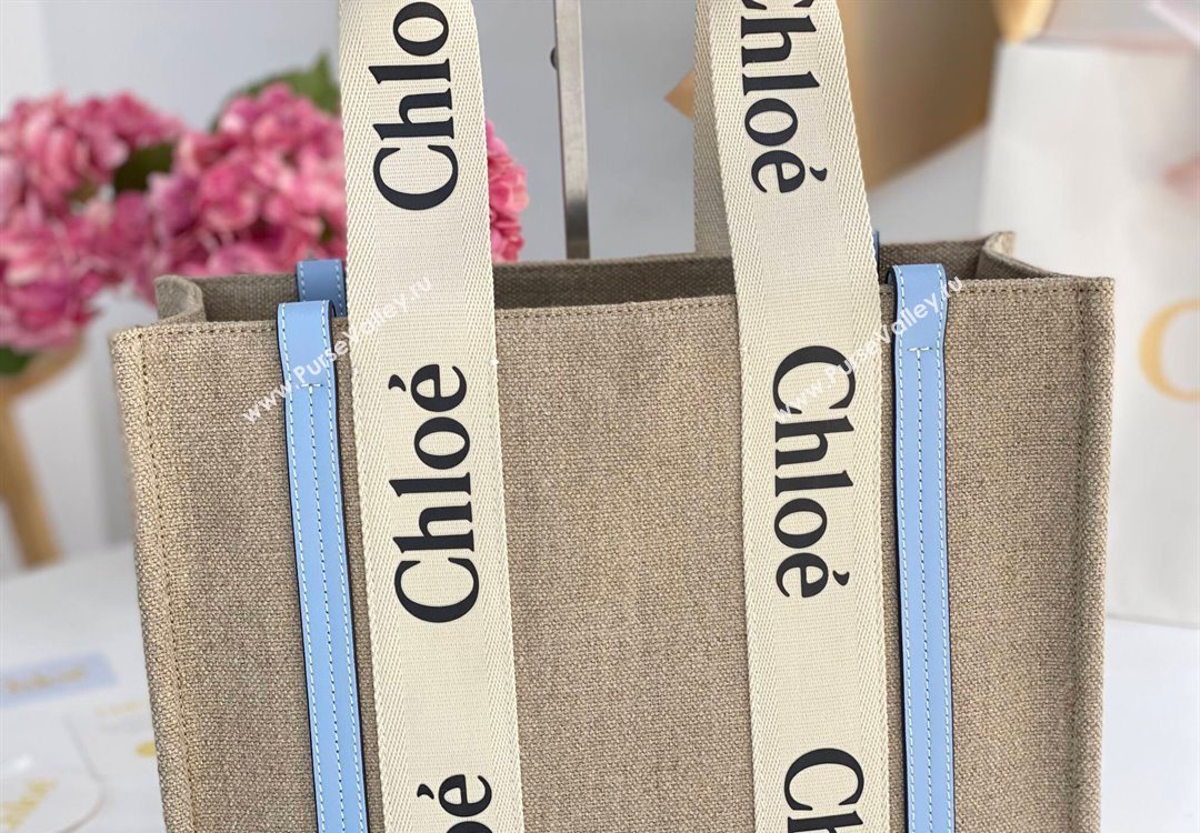 Chloe Medium Woody Tote Bag in Linen Canvas and Calfskin Leather Light Blue 2025 1120 (DLA-251120077)