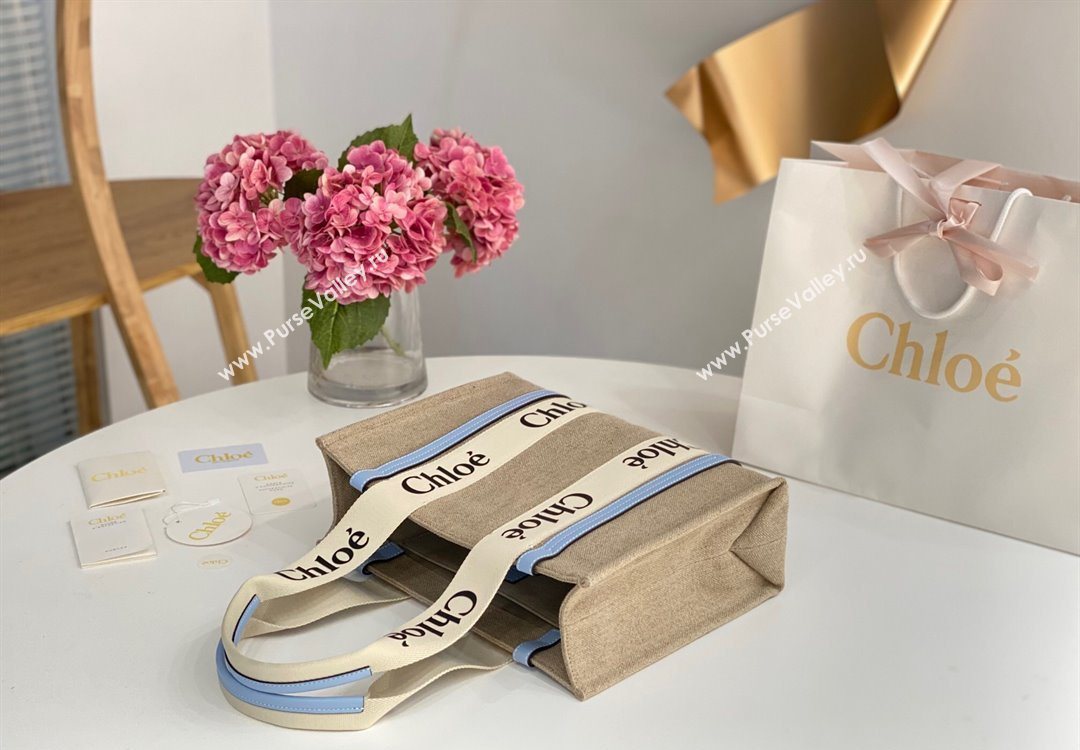 Chloe Medium Woody Tote Bag in Linen Canvas and Calfskin Leather Light Blue 2025 1120 (DLA-251120077)