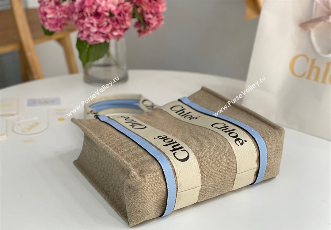 Chloe Medium Woody Tote Bag in Linen Canvas and Calfskin Leather Light Blue 2025 1120 (DLA-251120077)