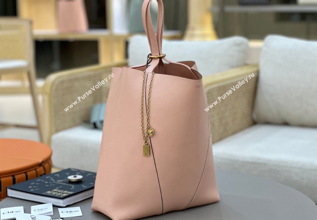 Chloe Large Spin Tote Bag in Grained Leather Light Pink 2025 1120 (DLA-251120045)