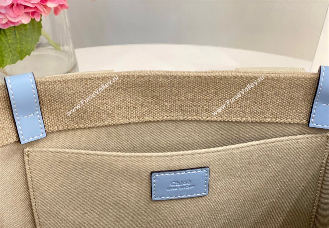 Chloe Medium Woody Tote Bag in Linen Canvas and Calfskin Leather Light Blue 2025 1120 (DLA-251120077)