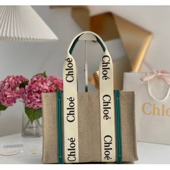 Chloe Medium Woody Tote Bag in Linen Canvas and Calfskin Leather Dark Green 2025 1120 (DLA-251120078)